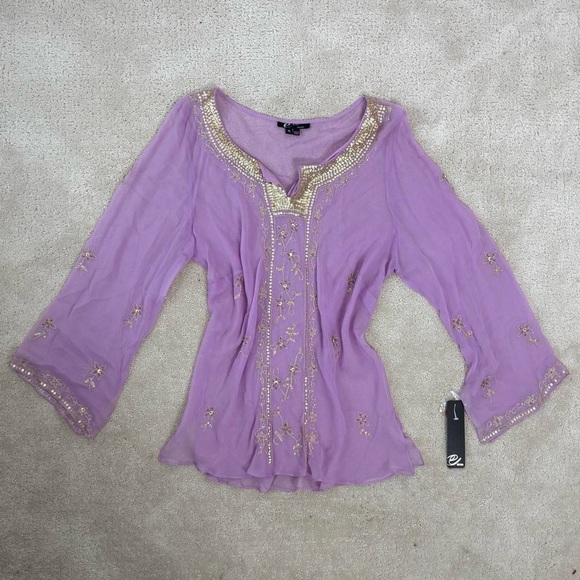 Silk Fairy Blouse Layered Purple Lilac Gold Sequin Lightweight Flowy Sheer - Picture 1 of 8